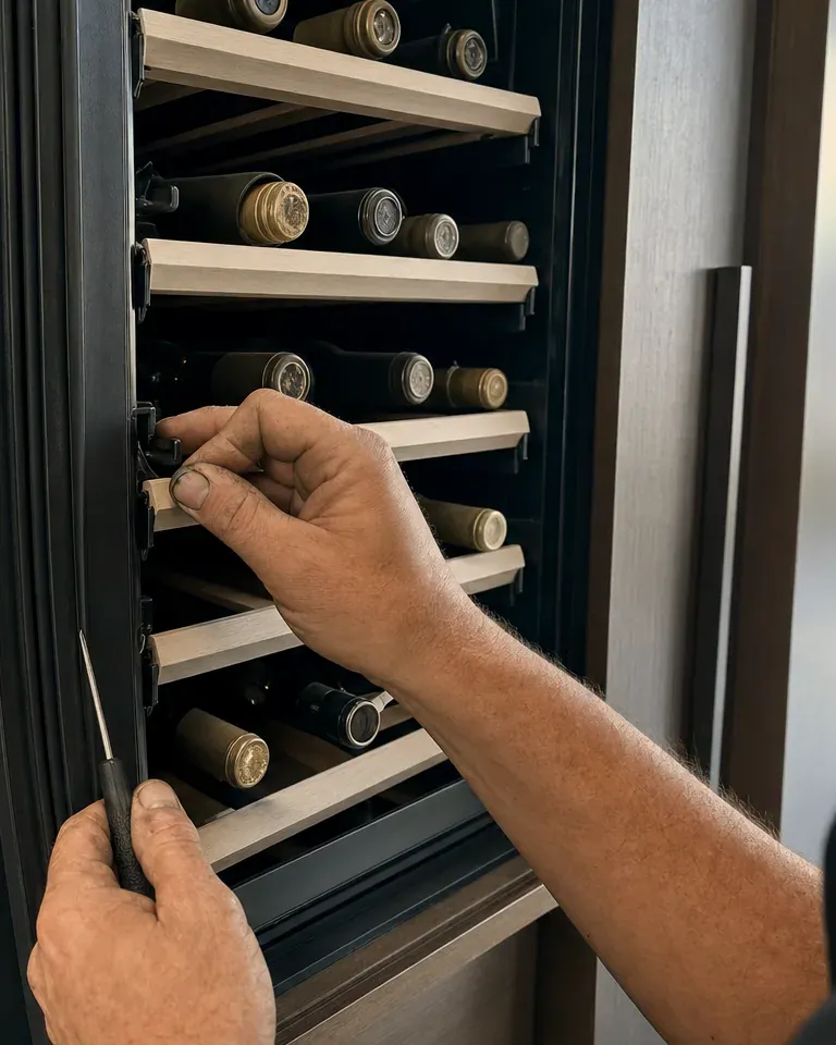 Hands working a tool along a shelf rail inside a tall wine column with bottles on its racks.