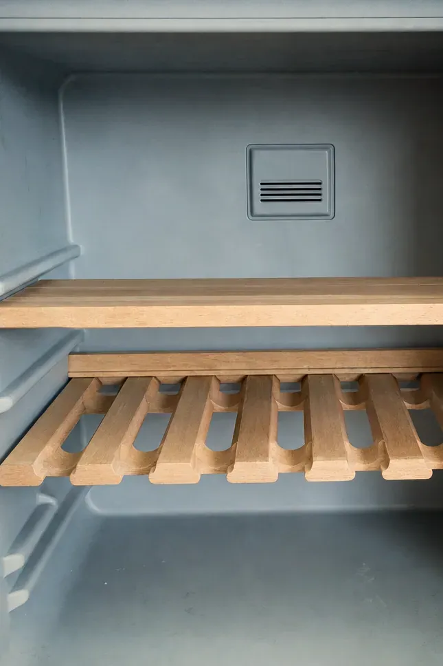 Empty cabinet interior with a slatted wooden rack pulled forward and a small vent on the grey back wall.