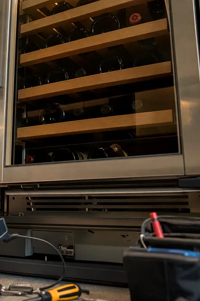 Glass-door wine column with bottles on wood-trimmed racks; below it the base grille is off, with a cable, a yellow screwdriver and a tool bag on the floor.