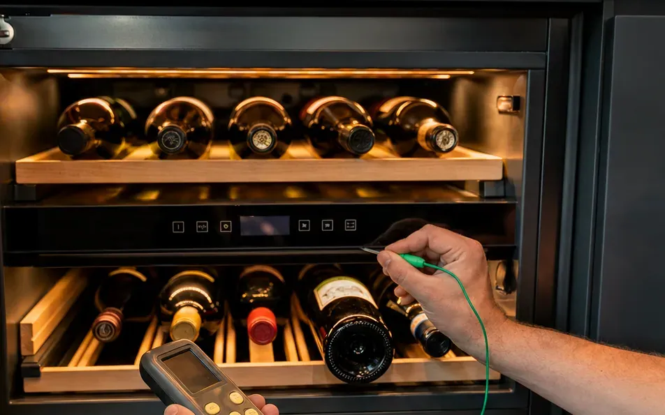 Lit two-zone undercounter wine cabinet with a technician's probe between the bottles and a digital meter in hand.
